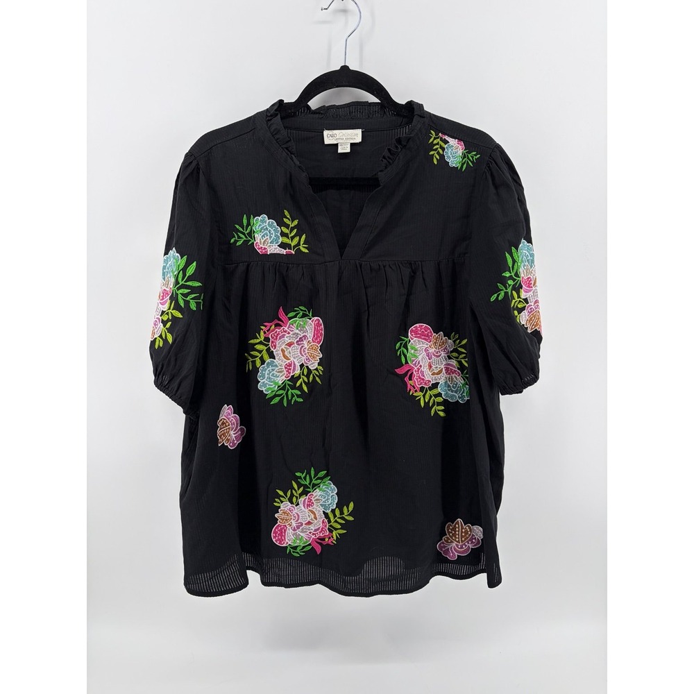 Cato Collection, Limited Edition, Black Floral Embroidered Cotton Boho, 18/20W